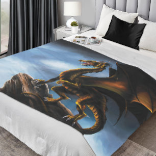 Fierce Copper Gold Black Dragon Fantasy Fleece Blanket
