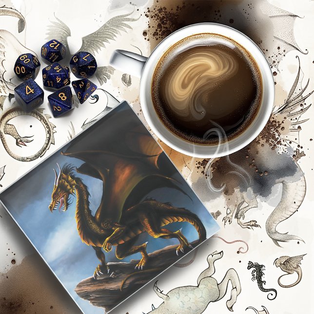 Fierce Copper Gold Black Dragon Fantasy Glass Coaster (Creator Uploaded)