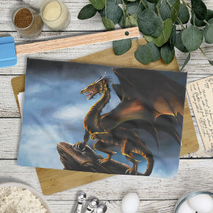 Fierce Copper Gold Black Dragon Fantasy Kitchen Towel
