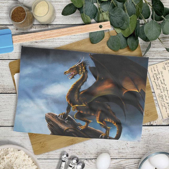 Fierce Copper Gold Black Dragon Fantasy Kitchen Towel (Creator Uploaded)