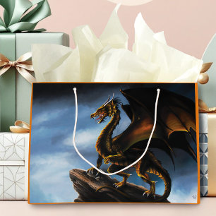 Fierce Copper Gold Black Dragon Fantasy Large Gift Bag