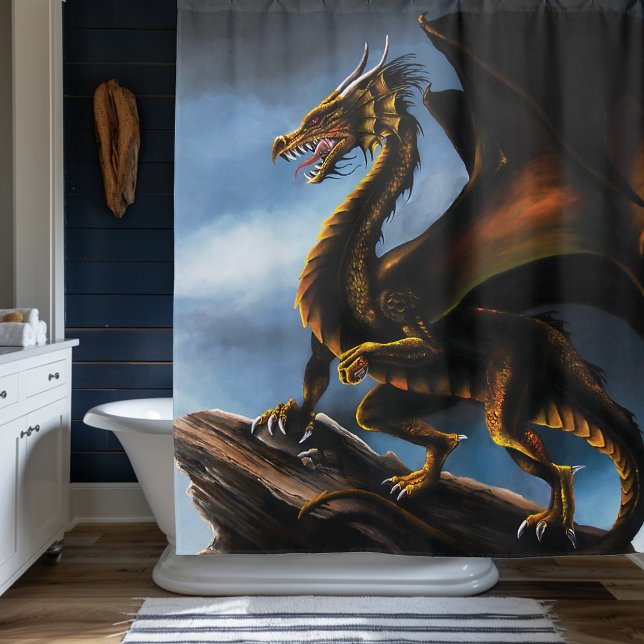 Fierce Copper Gold Black Dragon Fantasy Shower Curtain (Creator Uploaded)