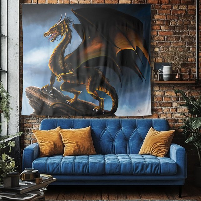Fierce Copper Gold Black Dragon Fantasy Tapestry (Creator Uploaded)
