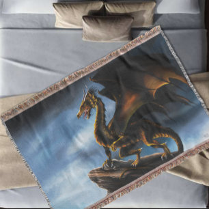 Fierce Copper Gold Black Dragon Fantasy Throw Blanket