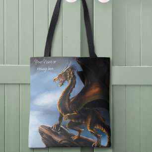 Fierce Copper Gold Black Dragon Fantasy Tote Bag