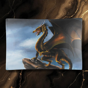 Fierce Copper Gold Black Dragon Fantasy Trinket Tray