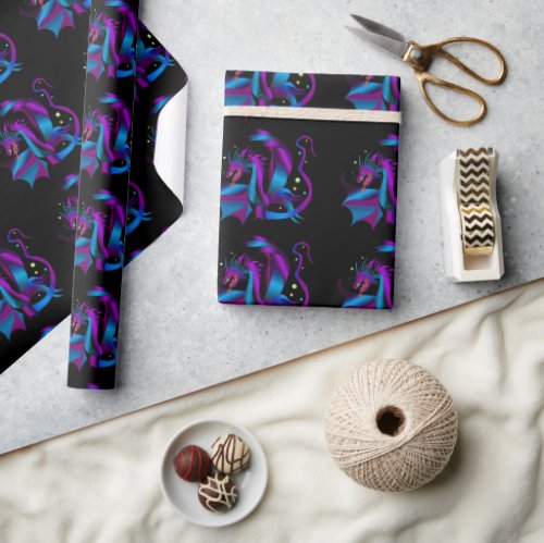 Fierce Dragon Unique on Black Blues and Purple Wrapping Paper