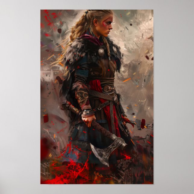 Fierce Female Viking Warrior Holding Viking Ax Pos Poster (Front)