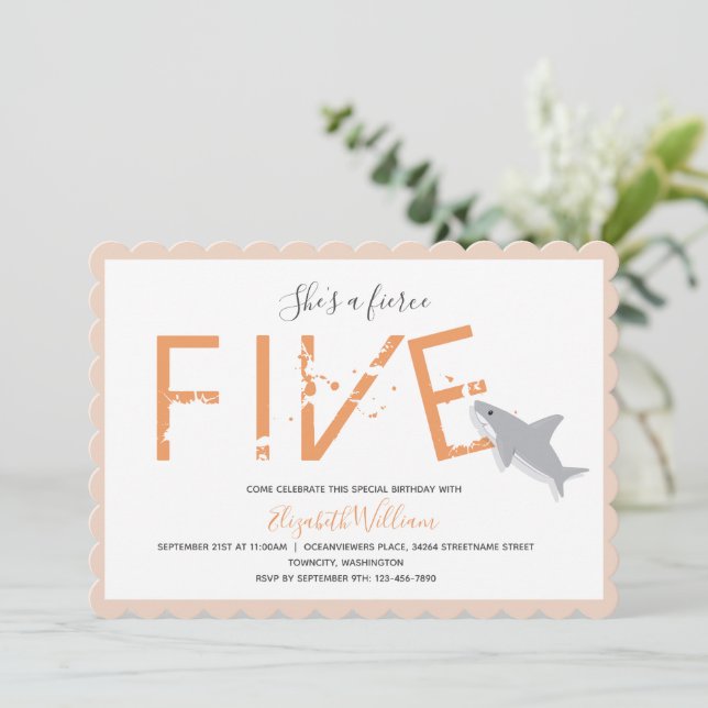 Fierce Five Orange Shark Animal 5th Invitation (Standing Front)