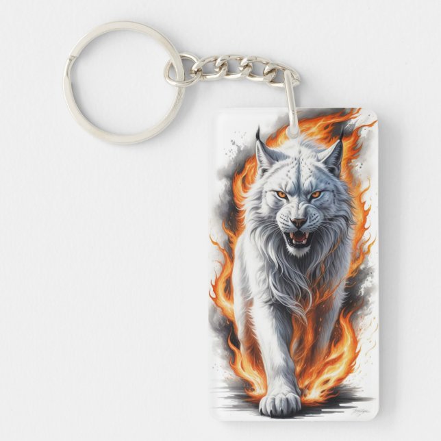 Fierce Flaming Lynx Walking Through Flames Keychain (Front)