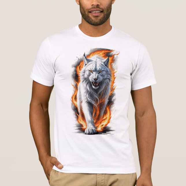 Fierce Flaming Lynx Walking Through Flames T-Shirt (Front)