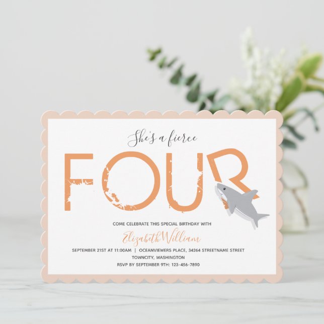 Fierce Four Orange Shark Animal 4th Invitation (Standing Front)