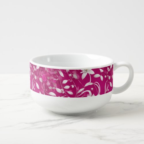  Fierce Fuchsia  White 3D Floral Pattern Design  Soup Mug