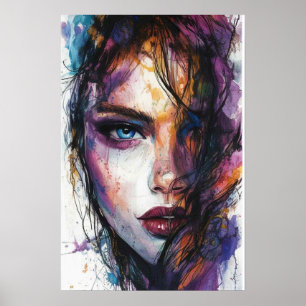 Fierce Gaze – Watercolor Portrait of Strength and Poster