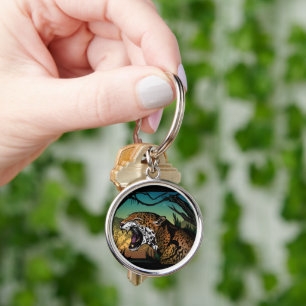 Fierce Growling Jaguar Jungle Art – Bold Teal Keychain