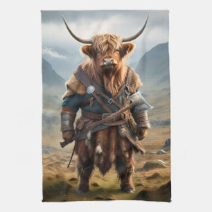 Fierce Highland Warrior: The Courageous Cow Viking Kitchen Towel