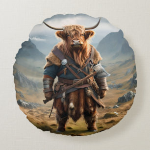 Fierce Highland Warrior: The Courageous Cow Viking Round Pillow