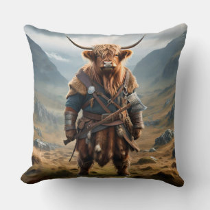 Fierce Highland Warrior: The Courageous Cow Viking Throw Pillow