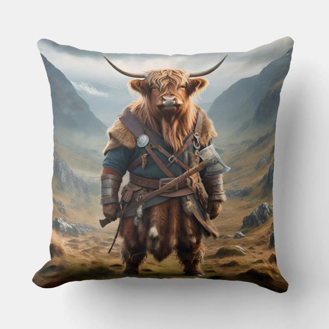 Fierce Highland Warrior: The Courageous Cow Viking Throw Pillow (Front)