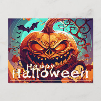 Fierce Jack-o-Lantern Bat Halloween Art Holiday Postcard