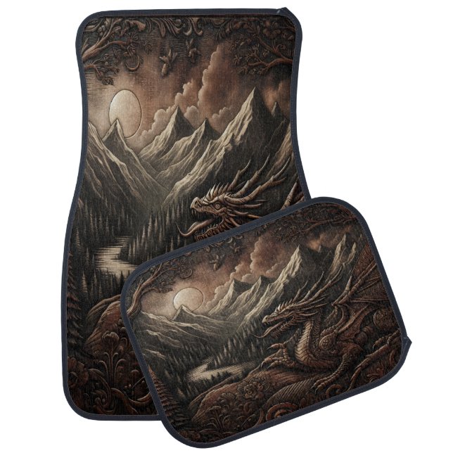 Fierce Leather Dragon Amidst Trees Car Floor Mat (Set)