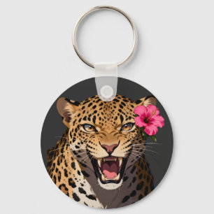 Fierce Leopard Pink Flower Keychain