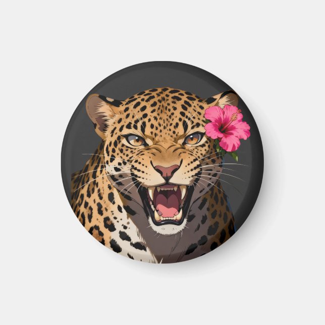 Fierce Leopard Pink Flower Keychain Magnet (Front)