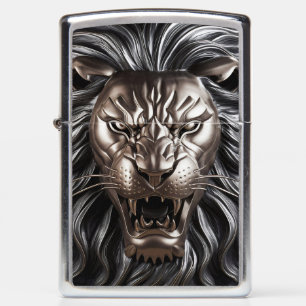 Fierce Lion Face in Metal Engraving Art Zippo Lighter