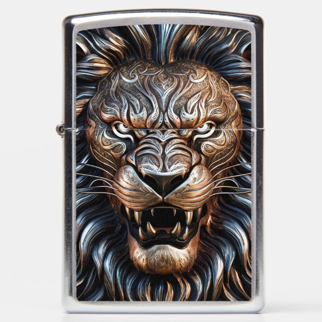 Fierce Lion Head Face - Metal Engraving Art Zippo Lighter (Front)