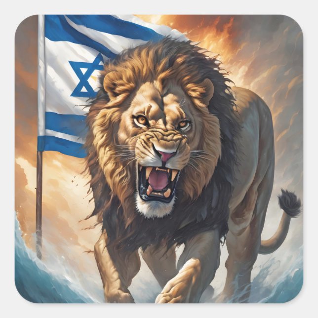 Fierce Lion With Israeli Flag Square Sticker (Front)
