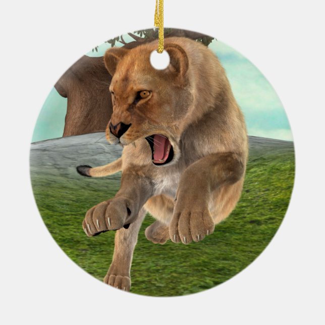 Fierce Lioness Jungle Adventure Art Ceramic Ornament (Back)