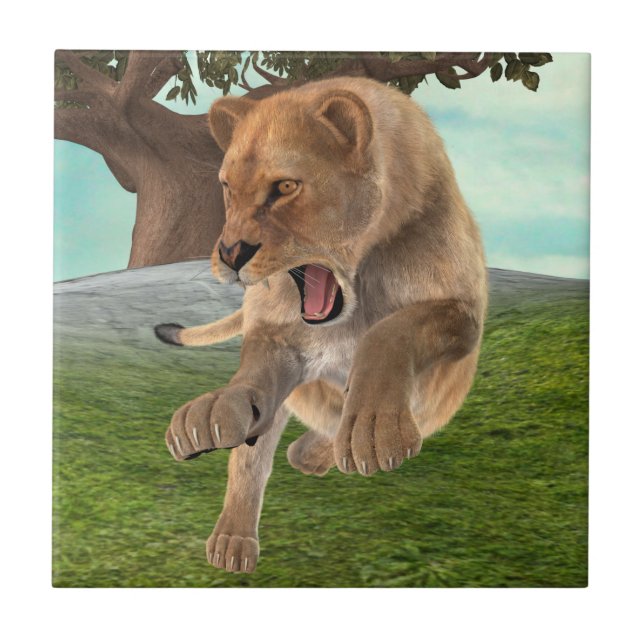 Fierce Lioness Jungle Adventure Art Ceramic Tile (Front)