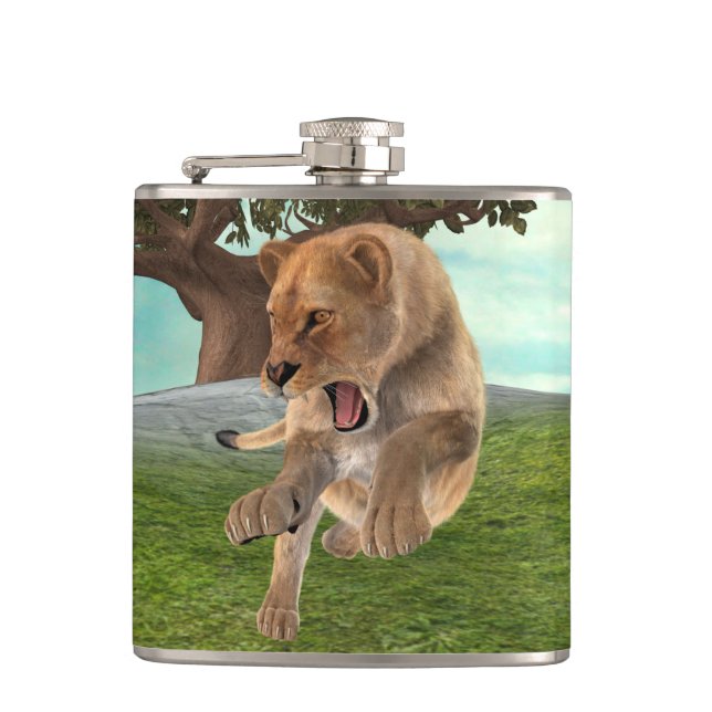 Fierce Lioness Jungle Adventure Art Flask (Front)