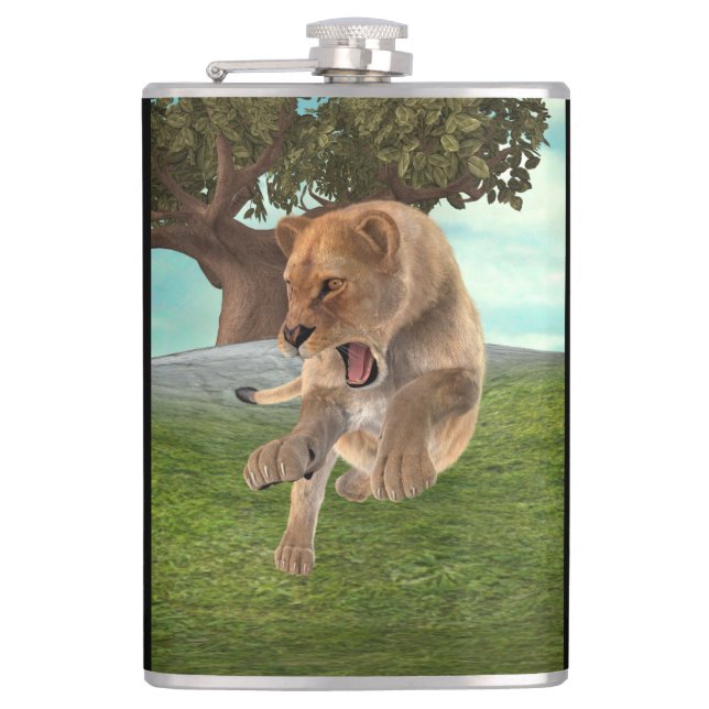 Fierce Lioness Jungle Adventure Art Hip Flask (Front)