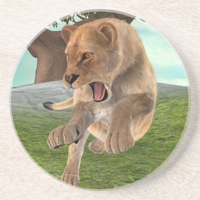 Fierce Lioness Jungle Adventure Art Sandstone Coaster (Front)