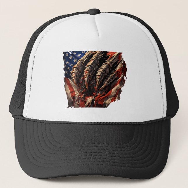 Fierce Monster Tearing American Flag Art Trucker Hat (Front)