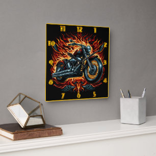 Fierce motorcycle with flames during sunset ride square wall clock