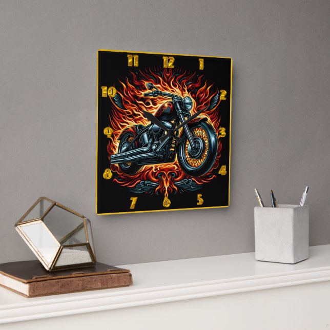 Fierce motorcycle with flames during sunset ride square wall clock (Office)