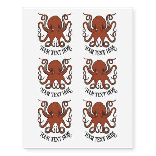 Fierce Octopus Add Your Text Red Tentacles Cartoon Temporary Tattoos