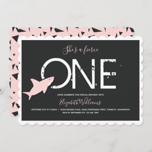 Fierce One Black Pink Shark Animal First Invitation