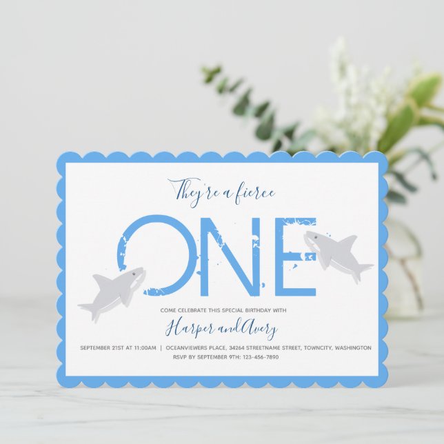 Fierce One Blue Twins Shark Animal First Birthday Invitation (Standing Front)