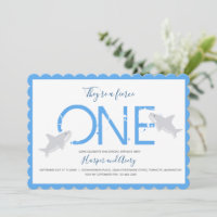 Fierce One Blue Twins Shark Animal First Birthday Invitation