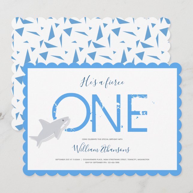 Fierce One Blue White Shark Animal First Birthday Invitation (Front/Back)