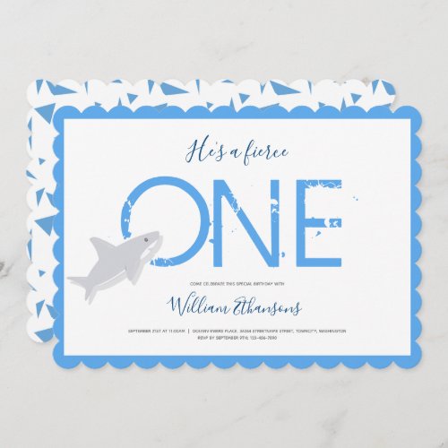 Fierce One Blue White Shark Animal First Birthday Invitation