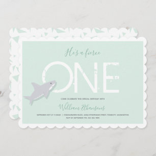 Fierce One Green White Shark Animal First Birthday Invitation