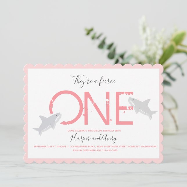 Fierce One Pink Twins Shark Animal First Birthday Invitation (Standing Front)