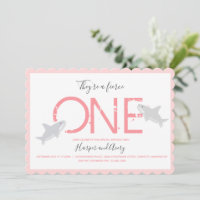 Fierce One Pink Twins Shark Animal First Birthday Invitation