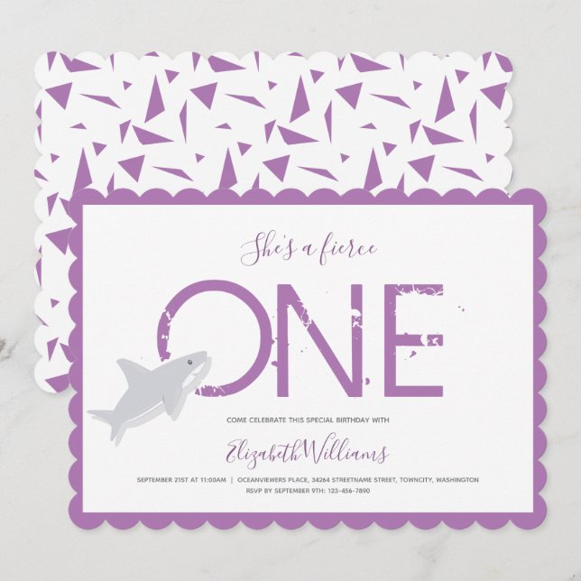Fierce One Purple Shark Animal First Birthday Invi Invitation (Front/Back)