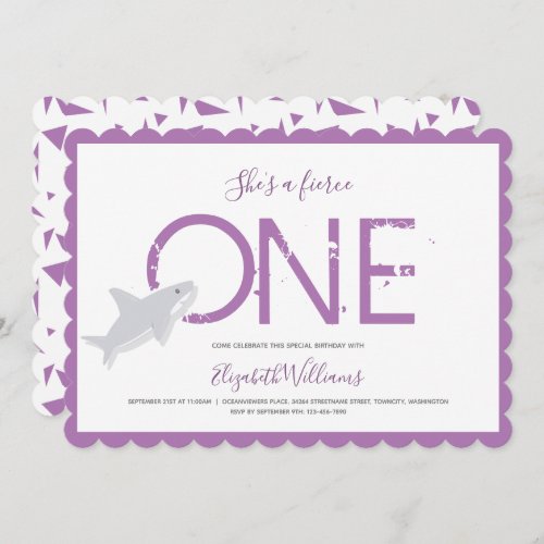 Fierce One Purple Shark Animal First Birthday Invi Invitation