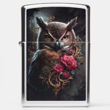 Fierce Owl with Roses and Golden Ornaments